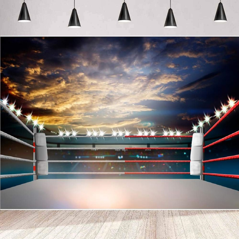 Photography Competition - Beleuchteter 3D-Boxring-Fotohintergrund: Sportwettkampf-Stadion, Jubelnder Zuschauer, Boxkampf-Ring-Hintergrundwandbanner